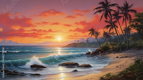 a visually striking depiction of a beach at sunset, with warm hues reflecting on the water
