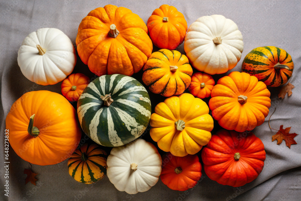 Assorted fall pumpkins and gourds flat lay, background, Thanksgiving Assorted fall pumpkins and gourds flat lay, background, Thanksgiving