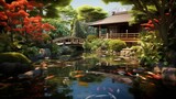 a visually striking representation of a tranquil Japanese garden with koi ponds