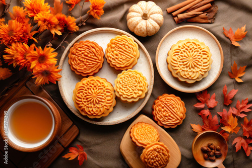 Mooncakes flat lay, Mid-Autumn Moon Festival