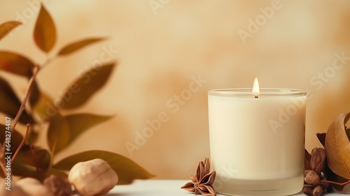 Burning candle and eucalyptus branches on light background generativa IA