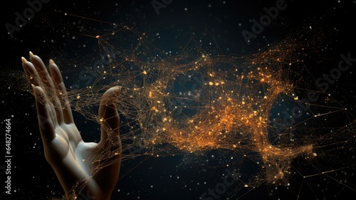 a businesswoman's hand confidently touching a digital neural network interface on a futuristic device, symbolizing the synergy between technology and business.