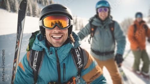 friends on vacation skiing in the snowy mountains on the slope with their ski and professional equipment on a sunny day