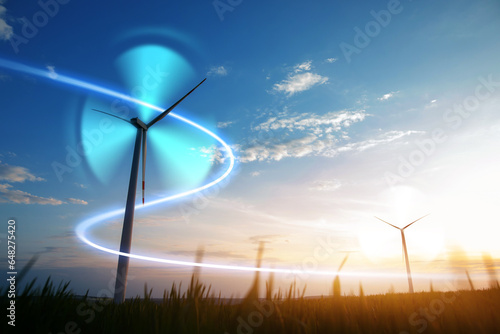 Renewable energy design..Digital graphic work on green energy power Production. Windmill and graphic diagram of air currents that produce green energy. Green energy power production it is future.