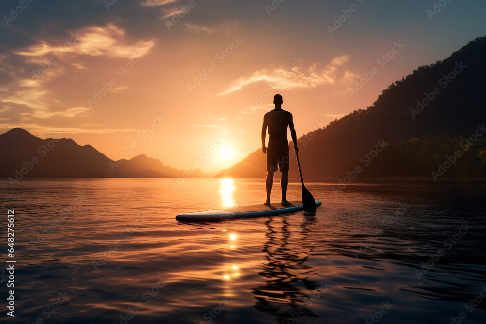 Silhouette of stand up paddle boarder paddling on a quiet sea with warm summer sunset colors. Sport and Relax Concept.