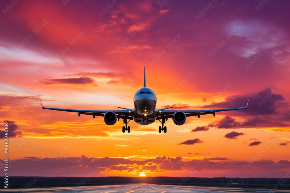 A large jetliner gracefully soaring through the sky above a runway, with the vibrant colors of a sunset in the background. This image captures the beauty and power of aviation. Perfect for travel maga A large jetliner gracefully soaring through the sky above a runway, with the vibrant colors of a sunset in the background. This image captures the beauty and power of aviation. Perfect for travel maga