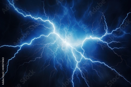 Photo A striking image of a bright blue lightning bolt piercing through a dark sky