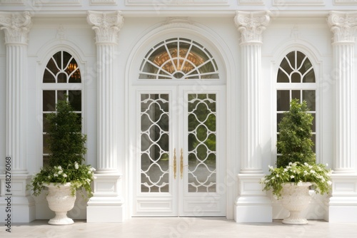 A large white building with two planters in front. Perfect for architectural design and urban landscapes.