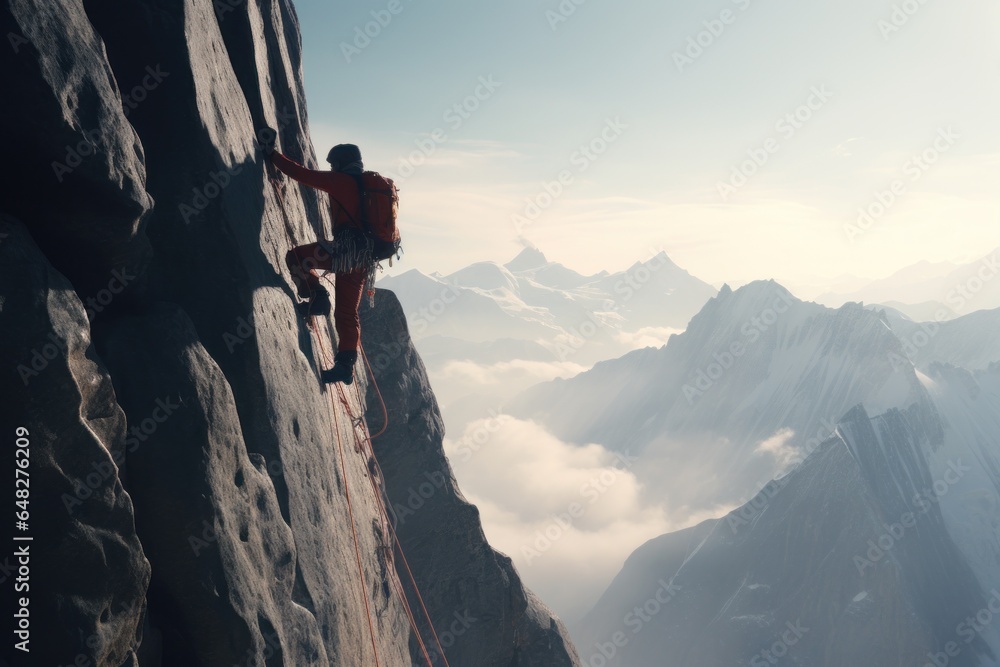 A person is climbing up a mountain using a rope. This image can be used to depict determination, adventure, and conquering challenges. A person is climbing up a mountain using a rope. This image can be used to depict determination, adventure, and conquering challenges.