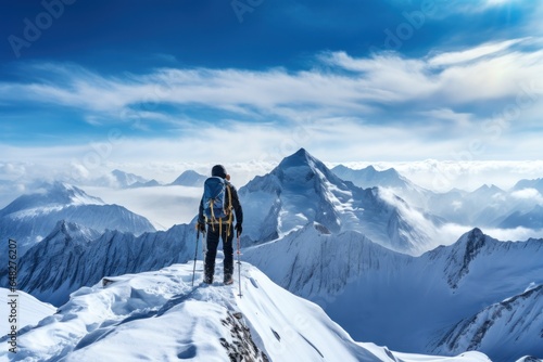 A man standing proudly on top of a snow covered mountain. Perfect for adventure, success, and nature-themed projects.