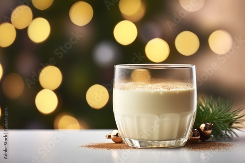 Festive Eggnog with Cinnamon on White Table with Christmas Decorations against a Blurred Festive Lights Backdrop, Background with Copy Space