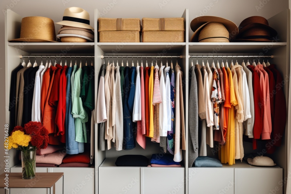 A closet filled with a wide variety of clothes and hats. Perfect for fashion enthusiasts and costume designers.