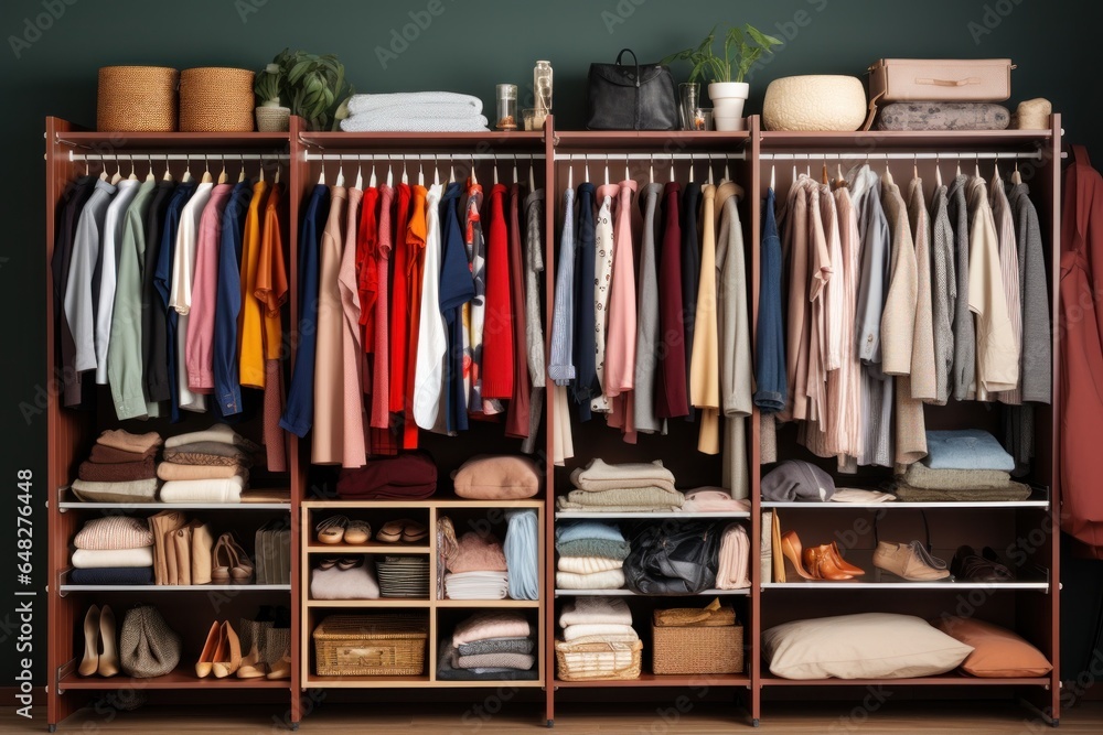 A closet filled with an assortment of clothes in different colors. Perfect for fashion, wardrobe, or clothing-related projects. - obrazy, fototapety, plakaty 