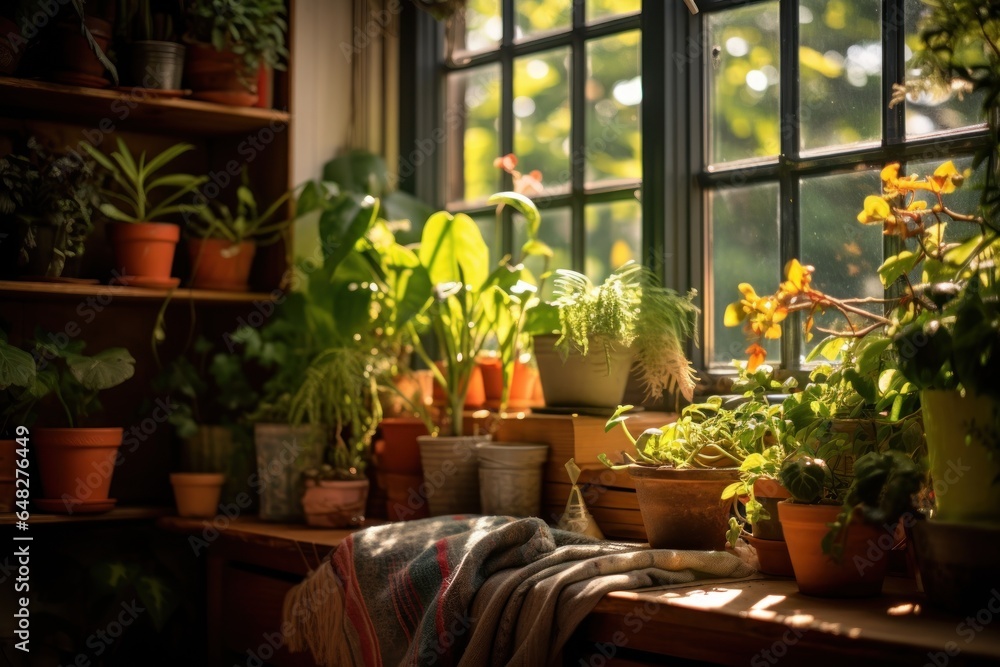 A window sill filled with an abundance of potted plants. This image can be used to showcase greenery, gardening, or home decor concepts.