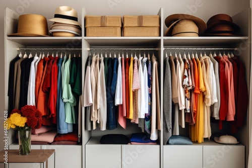 A closet filled with a wide variety of clothes and hats. Perfect for fashion enthusiasts and costume designers.