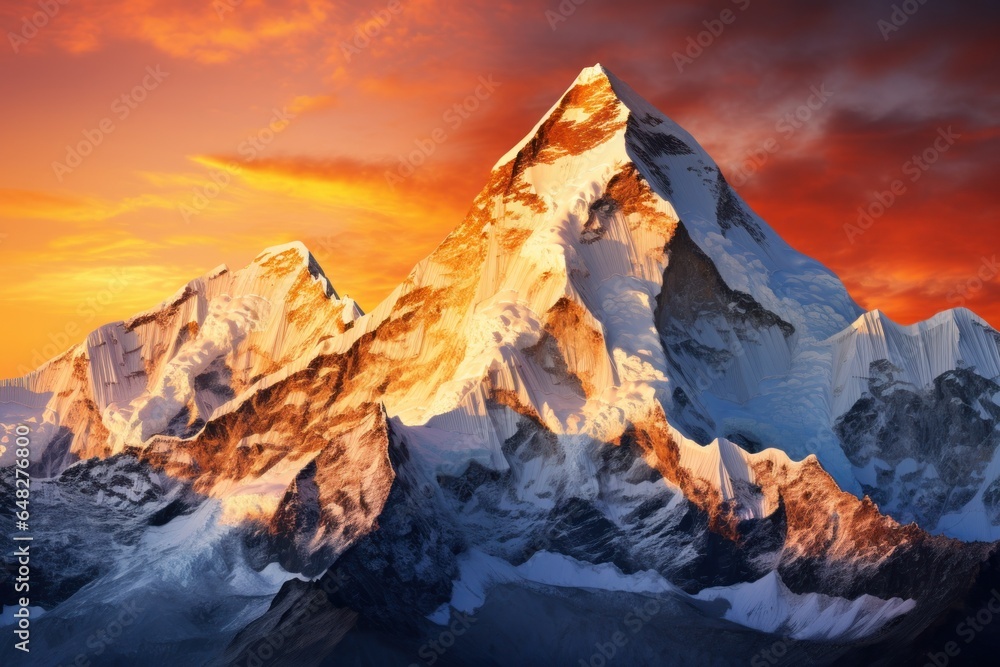 A stunning image of a snow-covered mountain with a vibrant red sky in the background. Perfect for use in travel brochures, adventure magazines, and outdoor-themed websites.