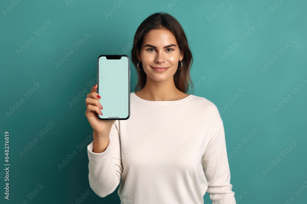 Beautiful smiling woman holding and showing display of mobile phone in her hand on simple color background Beautiful smiling woman holding and showing display of mobile phone in her hand on simple color background