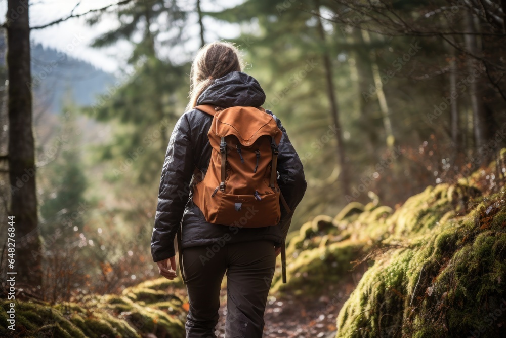 Naklejka premium A woman with a backpack is walking through a forest. This image can be used to depict adventure, nature exploration, hiking, or outdoor activities.