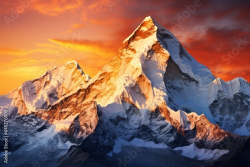 A stunning image of a snow-covered mountain with a vibrant red sky in the background. Perfect for use in travel brochures, adventure magazines, and outdoor-themed websites.