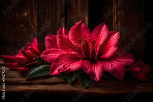 The Azalea flower, positioned against a rustic, weathered wooden backdrop, exudes an aura of nostalgia and simplicity - AI generatvie photo