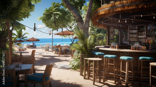 the charm of a tropical paradise beachfront cafe with fresh seafood and tropical cocktails
