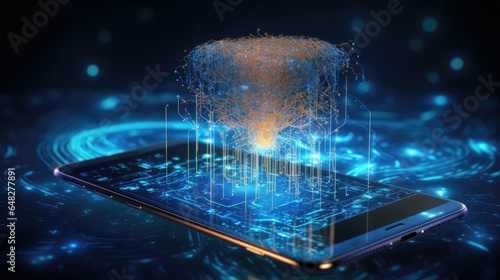 Smartphone with digital brain on screen. Artificial intelligence concept
