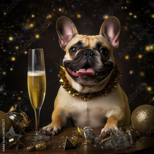 A dog sitting next to a glass of champagne © pham
