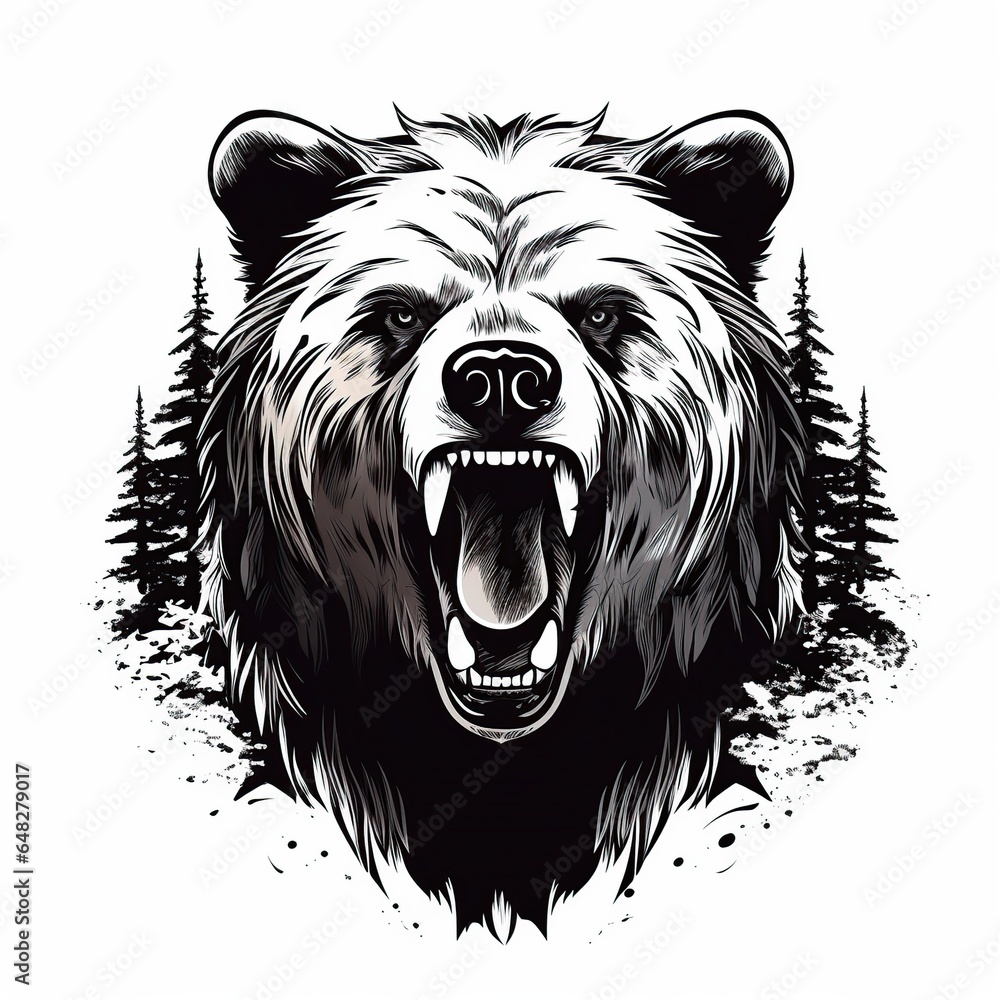 Fototapeta premium bear head hunting, vintage monochrome, logo, hunting, cartoon, Comic style, t shirt design, white background, Generative AI 