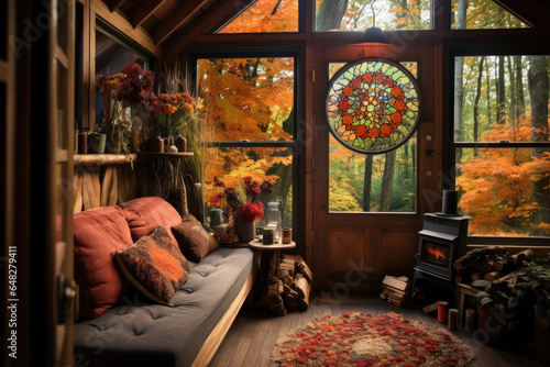 Cozy atmosphere of a rustic cabin in the woods, surrounded by a kaleidoscope of autumn leaves
