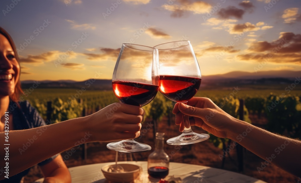 Obraz premium Two people raising their glasses in a toast against a beautiful sunset