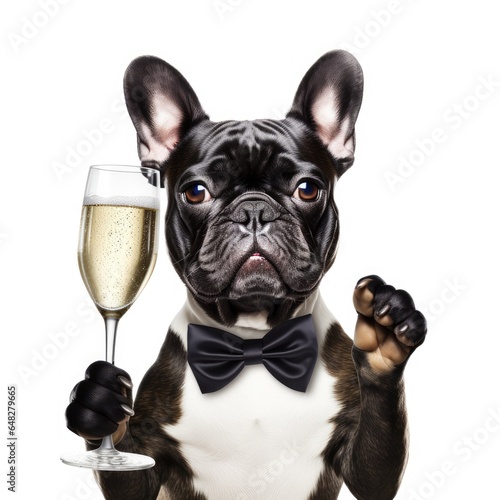 A dog holding a glass of wine and a wine glass © pham