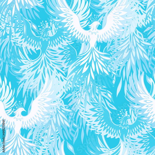 Winter birds, seamless vector pattern with white birds on a blue background.