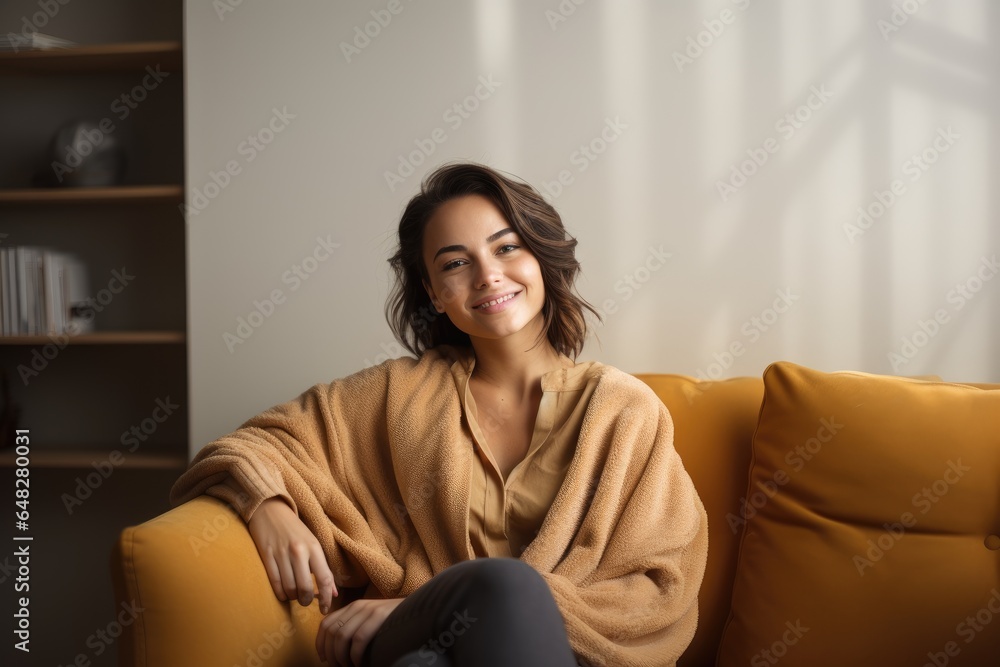 A woman sitting on a couch wrapped in a cozy blanket A woman sitting on a couch wrapped in a cozy blanket