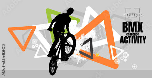 Active young man doing tricks on a bicycle, extreme sport concept. Sport background ready for poster or banner, vector.