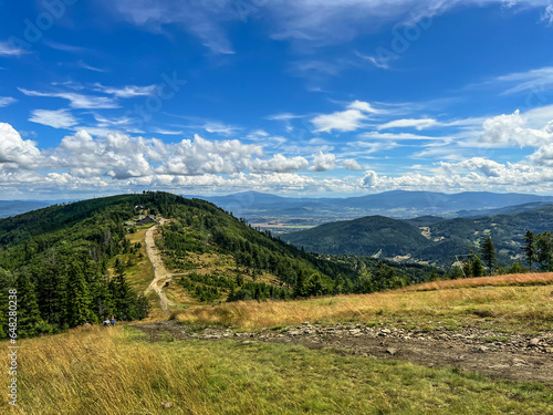 Beskid Slaski mountain range in Poland. Descent from the Klimczok peak to the Klimczok tourist shelter