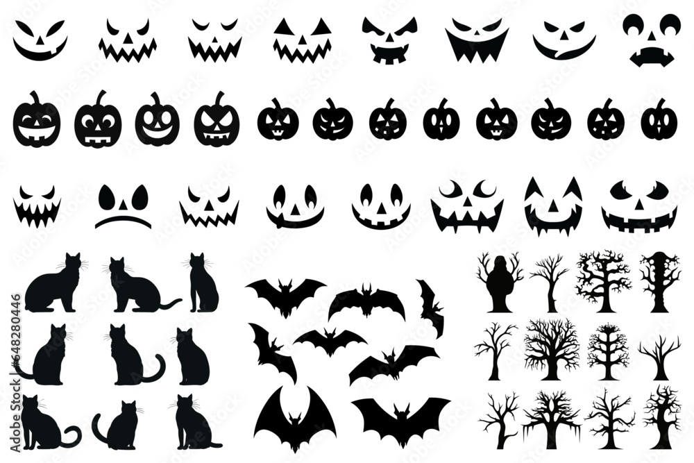 Black Cat, Pumpkin, Jack O Lantern Face, Scary Tree, Bat, Vampire Vector Illustration: Set of Halloween Silhouettes Black Icon and Character- isolated on transparent background, png

