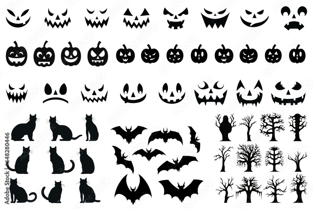 Fototapeta premium Black Cat, Pumpkin, Jack O Lantern Face, Scary Tree, Bat, Vampire Vector Illustration: Set of Halloween Silhouettes Black Icon and Character- isolated on transparent background, png 