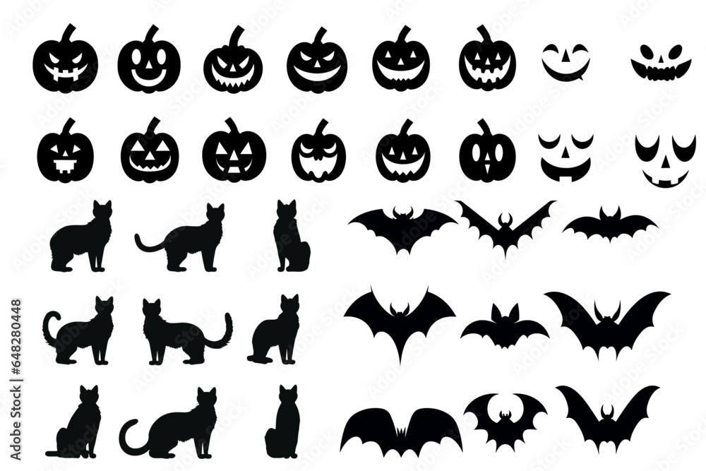 Halloween Silhouettes Black Icon and Character Set: Vampire Vector Illustration, Bat, Scary Tree, Jack O Lantern Face, Pumpkin, Black Cat- isolated on transparent background, png
