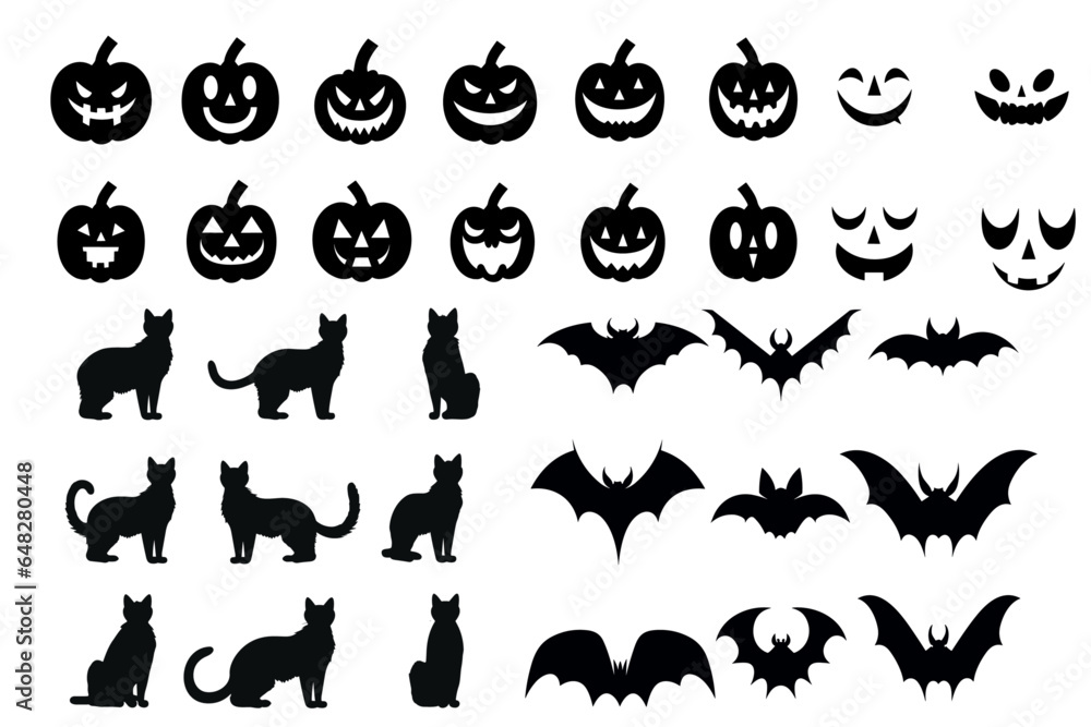 Fototapeta premium Halloween Silhouettes Black Icon and Character Set: Vampire Vector Illustration, Bat, Scary Tree, Jack O Lantern Face, Pumpkin, Black Cat- isolated on transparent background, png 