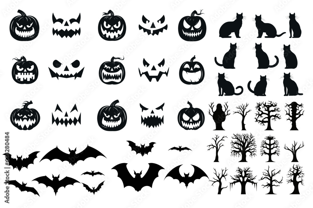 Naklejka premium Halloween Silhouettes: Black Cat, Pumpkin, Jack O Lantern Face, Scary Tree, Bat, Vampire Vector Illustration in a Set of Black Icon and Character - isolated on transparent background, png 