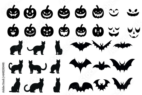 Halloween Silhouettes Black Icon and Character Set: Vampire Vector Illustration, Bat, Scary Tree, Jack O Lantern Face, Pumpkin, Black Cat- isolated on transparent background, png 