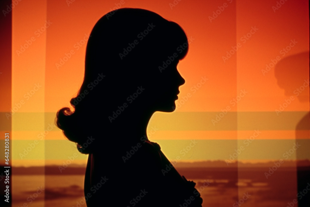 Beauty, fashion and make-up concept. Dark woman profile silhouette in retro vintage style. Old VHS glitch style. Vivid colors and minimalist background with copy space. Generative AI