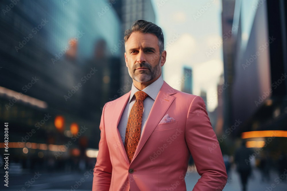 Confident handsome businessman with a stylish beard, he feels on top of the world in his smart suit amidst the towering skyscrapers Confident handsome businessman with a stylish beard, he feels on top of the world in his smart suit amidst the towering skyscrapers