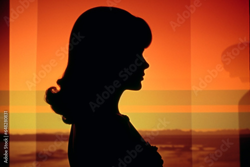 Beauty, fashion and make-up concept. Dark woman profile silhouette in retro vintage style. Old VHS glitch style. Vivid colors and minimalist background with copy space. Generative AI