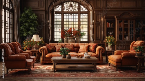 an AI image of a classic traditional living room with ornate wooden furniture, antique decor, and rich, warm colors © Wajid