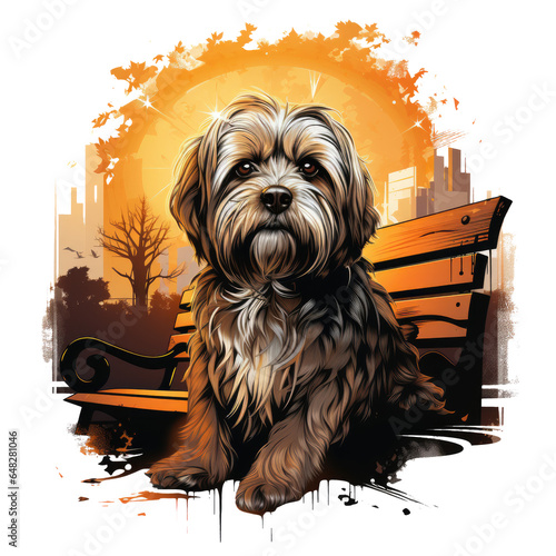 A heart-touching Shih Tzu t-shirt design, portraying the dog as a loyal companion to an elderly person, sitting together on a park bench in the soft glow of sunset, Generative Ai