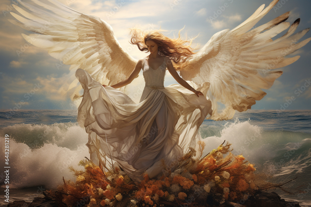 Culture and religion concept. Beautiful angel woman with big white ...
