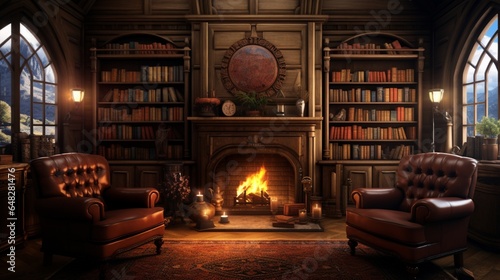 an AI image of a cozy traditional library with built-in bookshelves, a fireplace, and leather armchairs