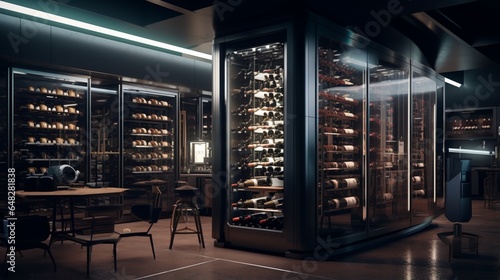 an AI image of a modern wine cellar with temperature-controlled storage and tasting area