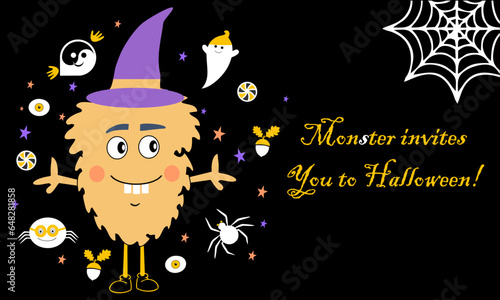 A cute monster invites you to Halloween. Halloween paraphernalia on a black background. Vector illustration.